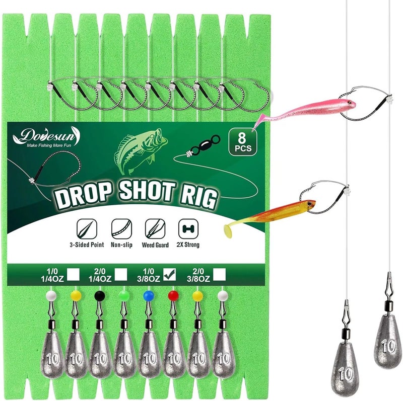 Dovesun 8PCS Ready Tied Drop Shot Rigs for Bass Fishing Drop Shot Hooks Fishing Rig with Drop Shot Weights 1/4OZ 3/8OZ Swivel Fluorocarbon Fishing Line Weedless Hooks 1/0 2/0 - Image 1